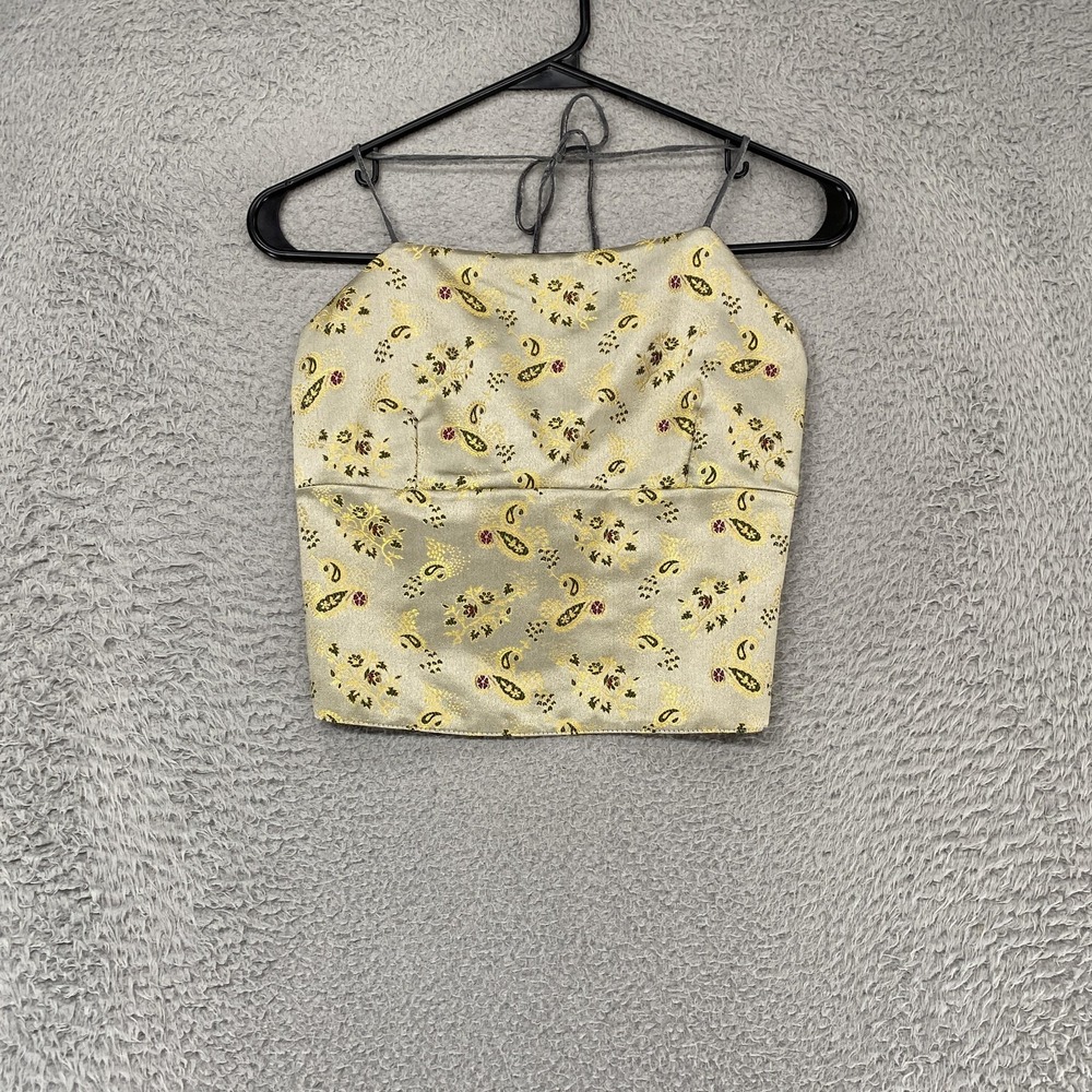 True Vintage Crop Top Womens Medium Gold Floral Jacquard Halter Lace Up Babydoll